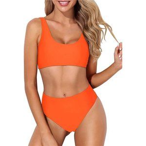 Women Two Piece Scoop Neck Bikini Crop Top High Cut Swimsuit